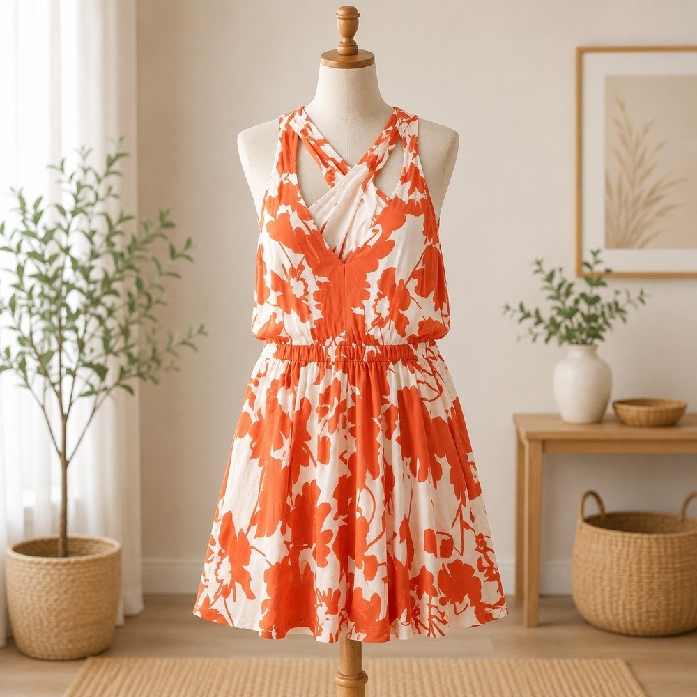 Cupshe NWT Floral Romper XL Orange White Cross Back V-Neck CAA13F5A048KC